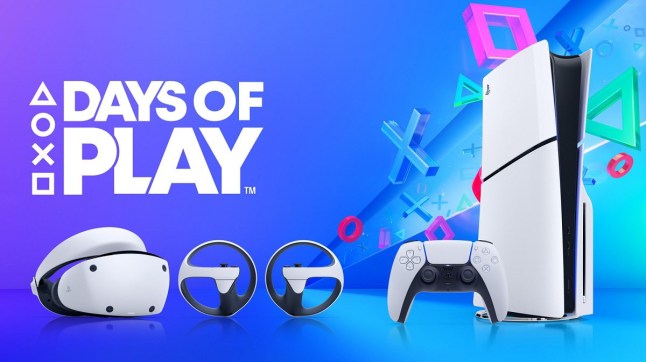 Days of Play promo featuring a PlayStation 5 console, controller, and PSVR2 headset