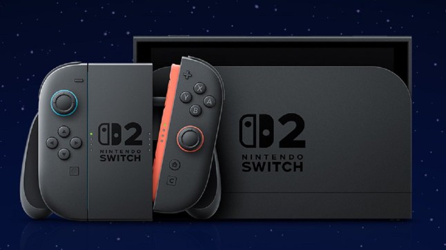 Nintendo Switch 2 console in its dock alongside controller in front of starry background