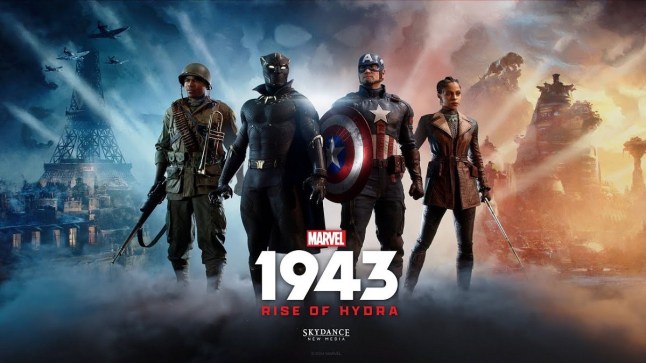 Marvel 1943 Rise of Hydra Captain America and Black Panther standing together with their sidekicks in a line