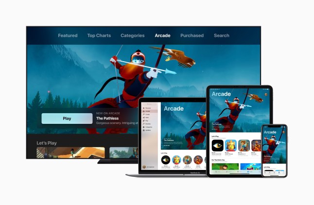 A handout photo made available by Apple, Inc. shows Apple launching Apple Arcade, a game subscription service for mobile, desktop and the living room as shown on Apple TV, iPad Pro, iPhone Xs, and MacBook Pro during the Apple Event at the Steve Jobs Theater on the Apple Inc., headquarter campus in Cupertino, California, USA, 25 March 2019. EPA/APPLE INC., / HANDOUT All Rights Reserved/Mandatory Credit/ Please credit: Courtesy of Apple, Inc. HANDOUT EDITORIAL USE ONLY/NO SALES/NO ARCHIVES epa07463025